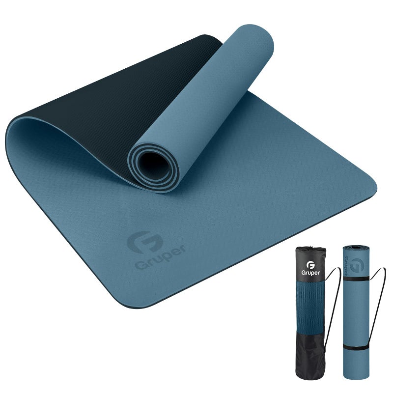 Gruper Yoga Mat Non Slip, Eco Friendly Fitness Exercise Mat with Carrying Strap,Pro Yoga Mats for Women,Workout Mats for Home, Pilates and Floor Exercises (Grey Blue/Black, Thickness-6mm) - Image 1